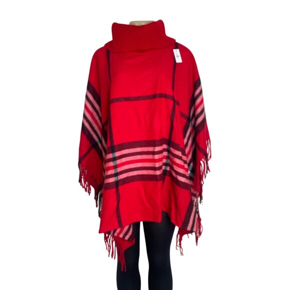 Talbots Women's Red Plaid Poncho With Fringe Hem & Turtleneck Sweater Sz M/L-NEW - Picture 1 of 8